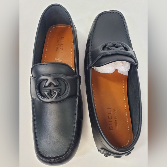GUCCI AYRTON BLACK SOFT LEATHER INTEROCKING G DRIVER MOCCASINS SHOES SZ UK/G 10+ - Picture 8 of 10